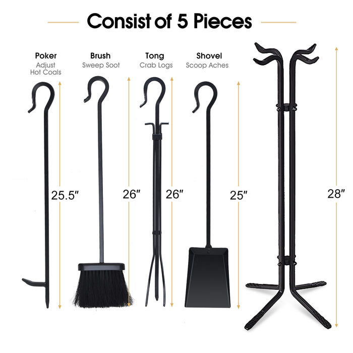 5 Pieces Fireplace Iron Standing Tools Set