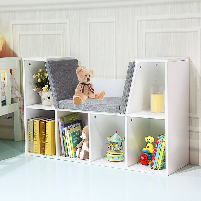 6-Cubby Kid Storage Bookcase Cushioned Reading Nook-White