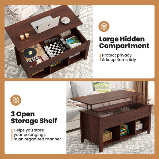 Lift Top Coffee Table with Storage Lower Shelf-Brown