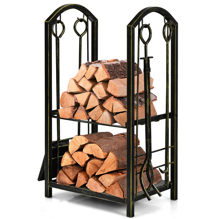 Fireplace Log Rack with 4 Pieces Fireplace Tools-Bronze