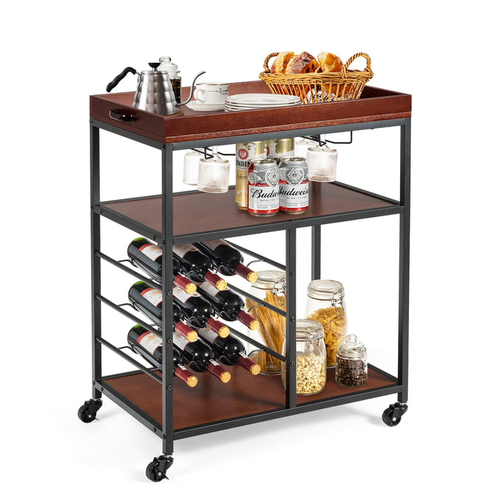 3 Tiers Storage Bar Serving Cart with Wine Rack