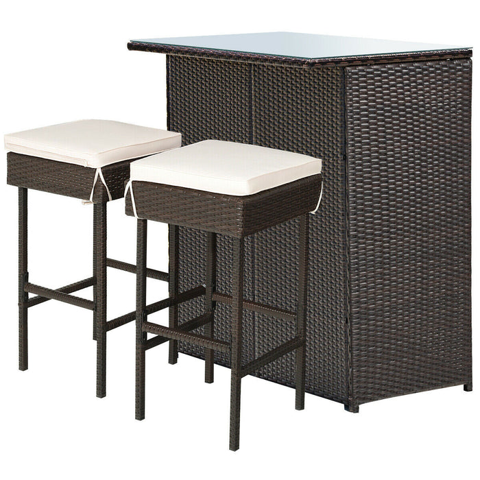 3-piece Rattan Wicker Bar Table Stools Dining Set Cushioned Chairs