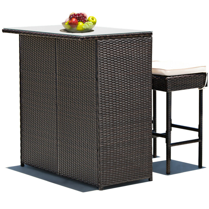 3-piece Rattan Wicker Bar Table Stools Dining Set Cushioned Chairs