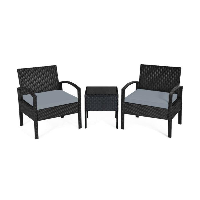 3 Pieces Outdoor Rattan Patio Conversation Set with Seat Cushions-Gray