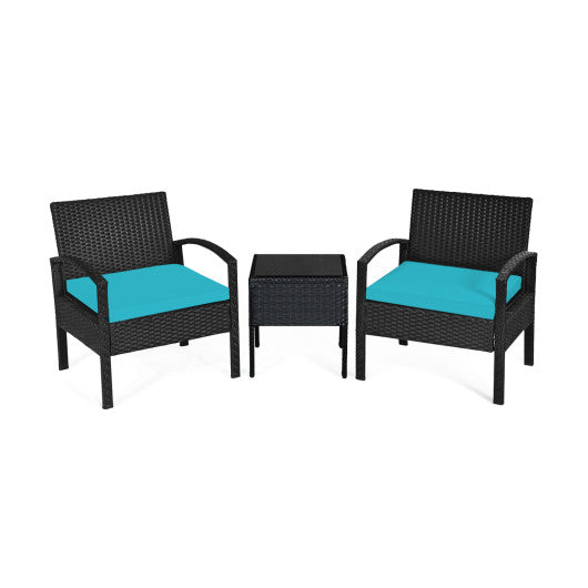 3 Pieces Outdoor Rattan Patio Conversation Set with Seat Cushions-Turquoise