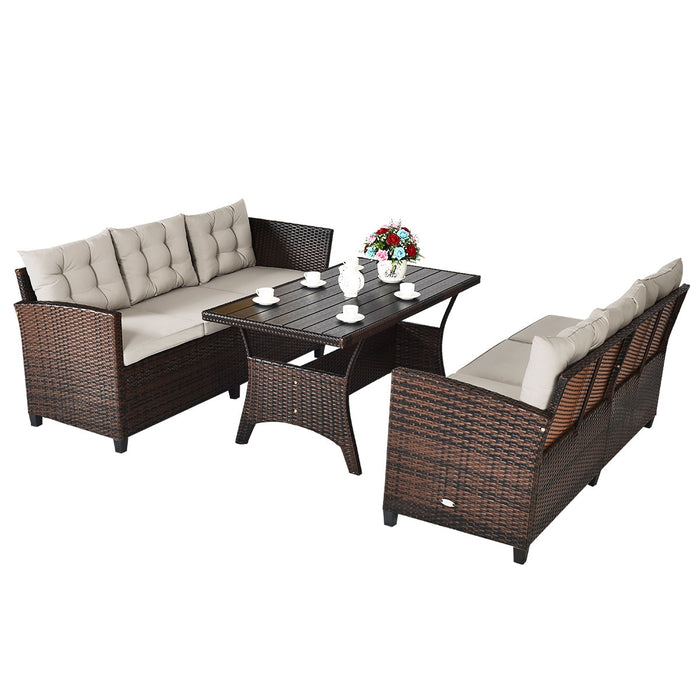 3 Pieces Hand-Woven Rattan Outdoor Sofa Set with Dining Table