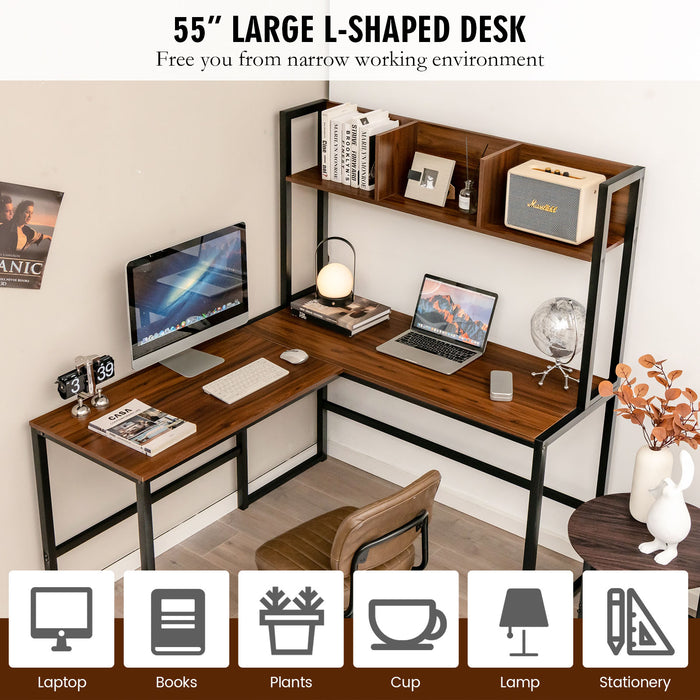 Reversible L-Shaped Corner Desk with Storage Bookshelf-Walnut