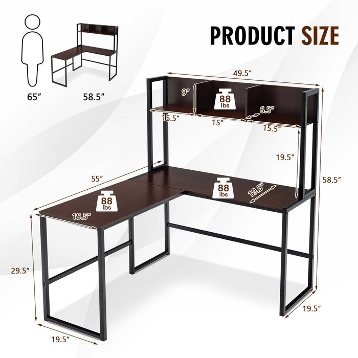 Reversible L-Shaped Corner Desk with Storage Bookshelf-Dark Brown