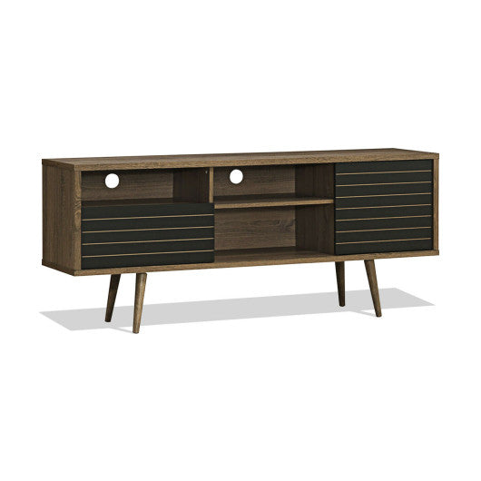 Mid-Century Modern TV Stand for TVs up to 65 Inch with Storage Shelves-Walnut & Black