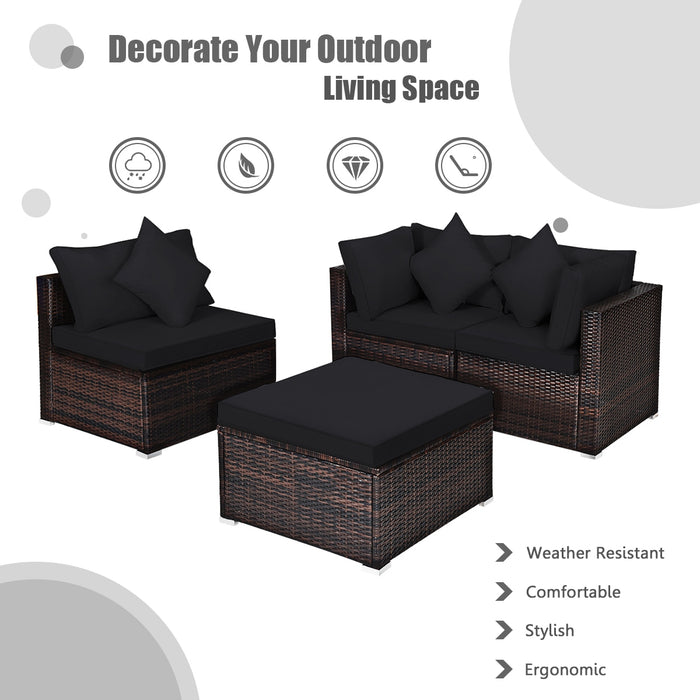 4 Pieces Ottoman Garden Patio Rattan Wicker Furniture Set with Cushion-Black