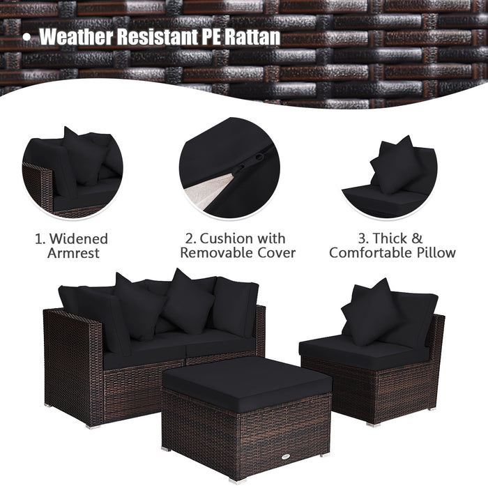 4 Pieces Ottoman Garden Patio Rattan Wicker Furniture Set with Cushion-Black