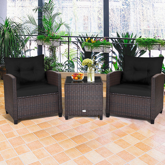 3 Pcs Patio Rattan Furniture Set Cushioned Conversation Set Coffee Table -Black