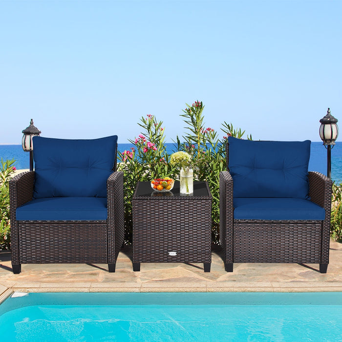 3 Pcs Patio Rattan Furniture Set Cushioned Conversation Set Coffee Table-Navy