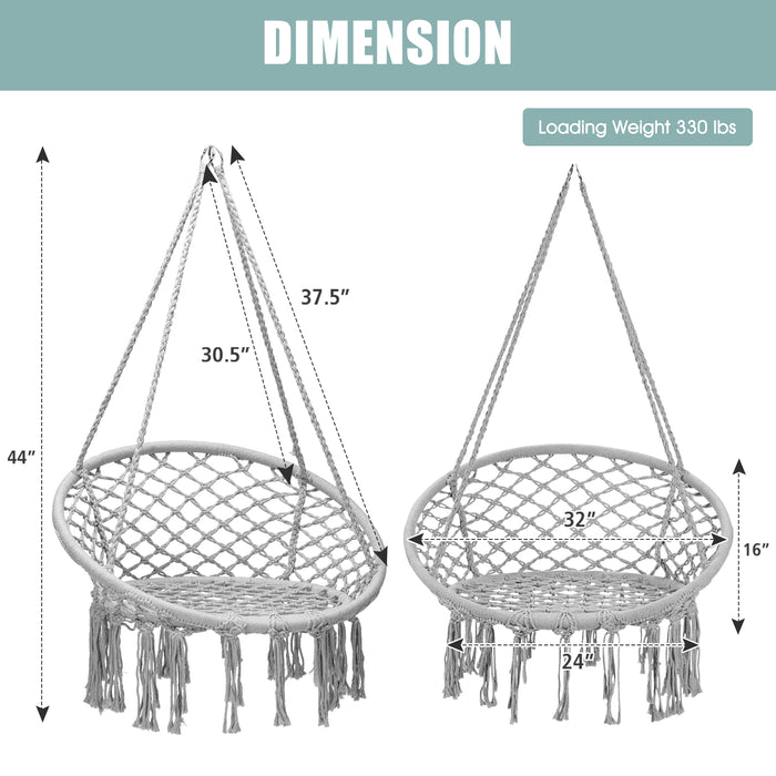 Hanging Macrame Hammock Chair with Handwoven Cotton Backrest-White