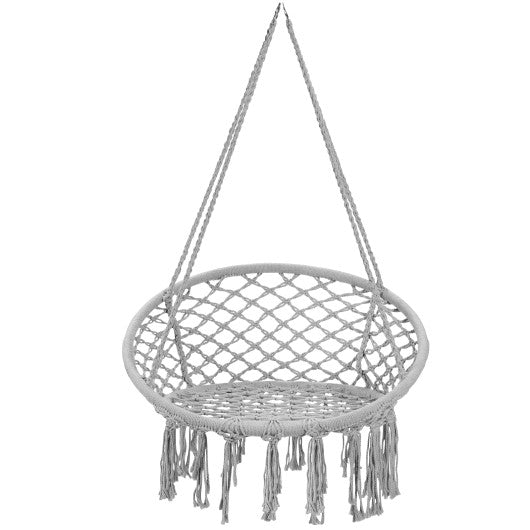 Hanging Macrame Hammock Chair with Handwoven Cotton Backrest-White