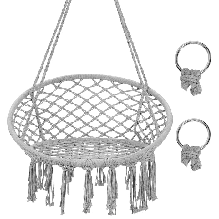 Hanging Macrame Hammock Chair with Handwoven Cotton Backrest-White