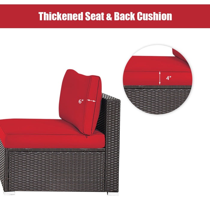 2 Pieces Patio Rattan Armless Sofa Set with 2 Cushions and 2 Pillows-Red