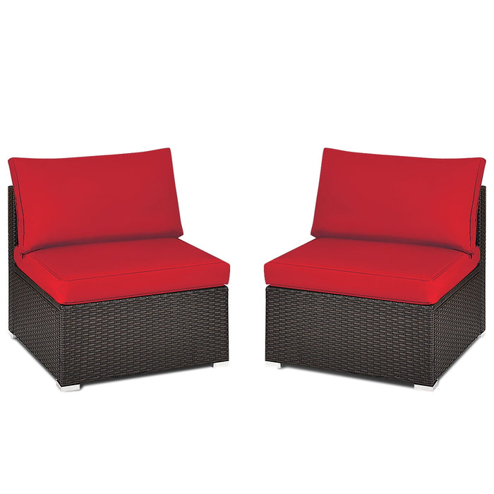 2 Pieces Patio Rattan Armless Sofa Set with 2 Cushions and 2 Pillows-Red