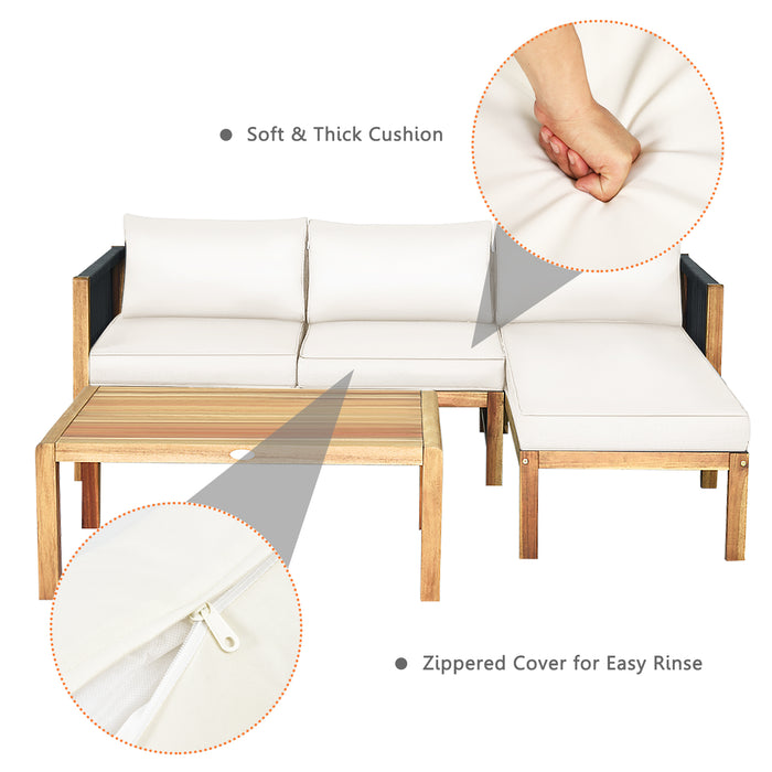 3 Pieces Patio Acacia Wood Sofa Furniture Set with Nylon Rope Armrest-White