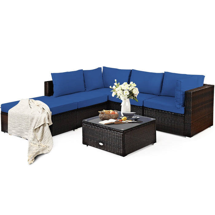 6 Pieces Outdoor Patio Rattan Sectional Sofa Set with Coffee Table-Blue