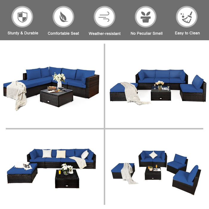 6 Pieces Outdoor Patio Rattan Sectional Sofa Set with Coffee Table-Blue