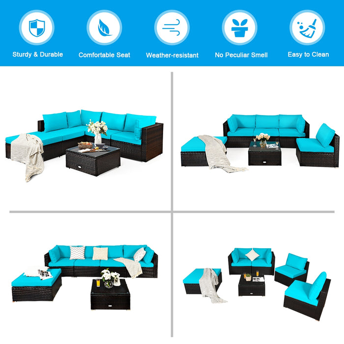 6 Pieces Outdoor Patio Rattan Furniture Set Sofa Ottoman-Turquoise