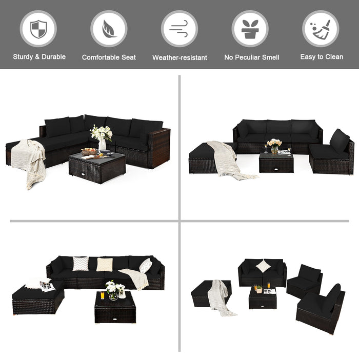 6 Pieces Outdoor Patio Rattan Sectional Sofa Set with Coffee Table-Black