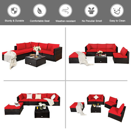 6 Pieces Outdoor Patio Rattan Furniture Set Sofa Ottoman-Red