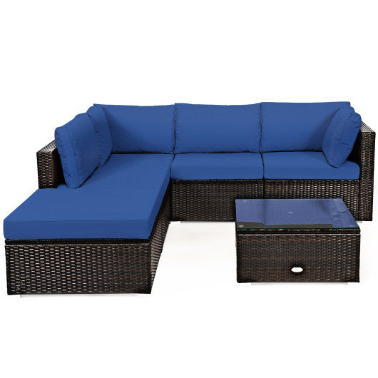 6 Pieces Outdoor Patio Rattan Sectional Sofa Set with Coffee Table-Blue