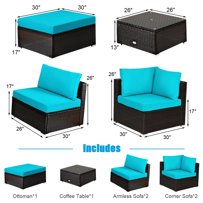 6 Pieces Outdoor Patio Rattan Furniture Set Sofa Ottoman-Turquoise