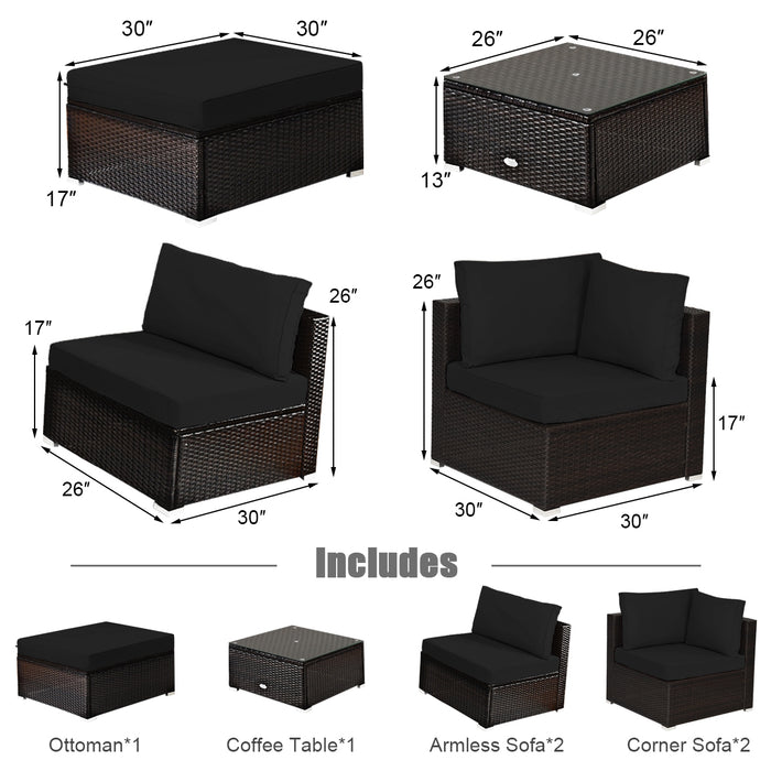 6 Pieces Outdoor Patio Rattan Sectional Sofa Set with Coffee Table-Black