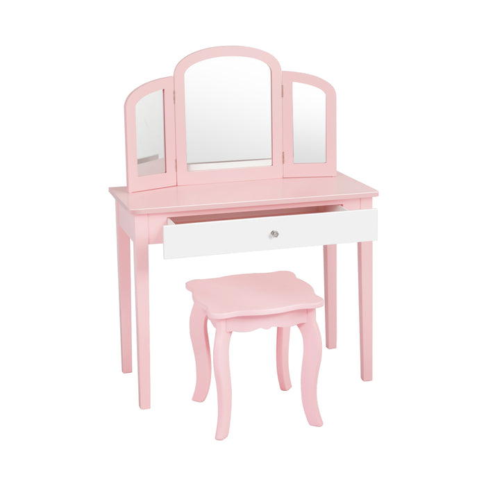 Kids Princess Make Up Dressing Table with Tri-folding Mirror and Chair-Pink