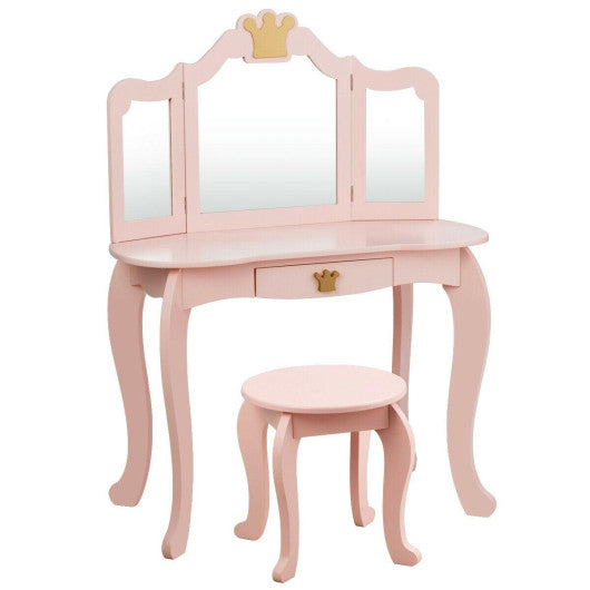 Kids Makeup Dressing Table with Tri-folding Mirror and Stool-Pink