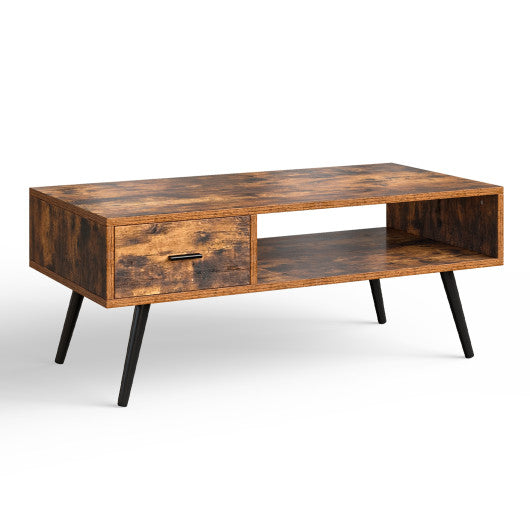 Retro Rectangular Coffee Table with Drawer and Storage Shelf-Rustic Brown