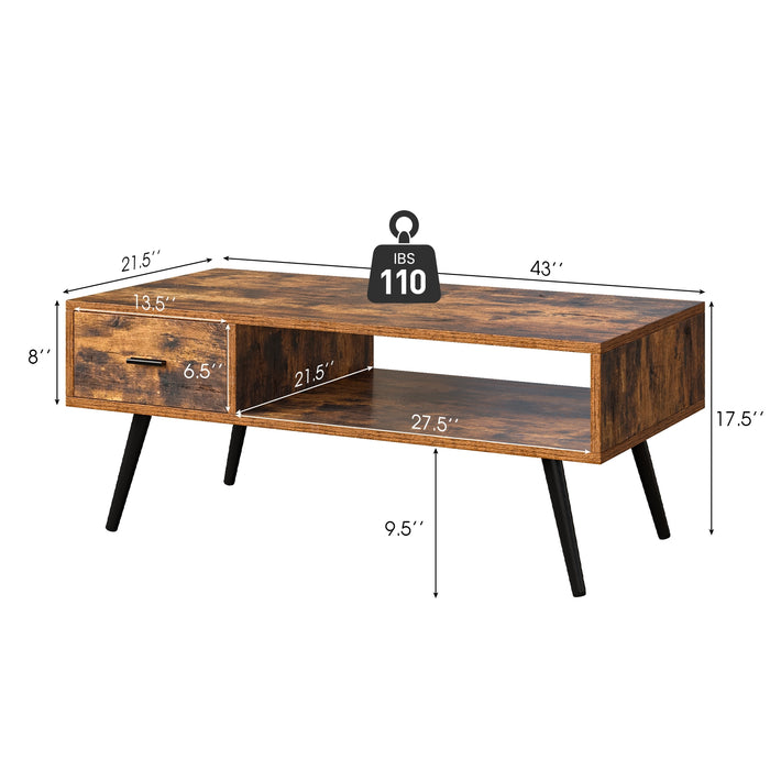 Retro Rectangular Coffee Table with Drawer and Storage Shelf-Rustic Brown