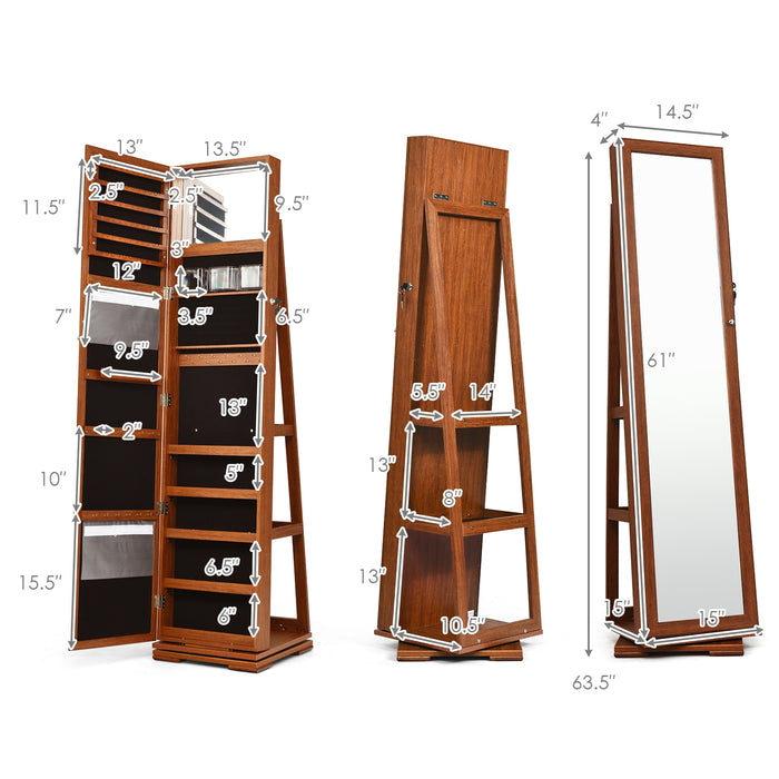 360Â° Rotatable 2-in-1 Lockable Jewelry Cabinet with Full-Length Mirror-Brown