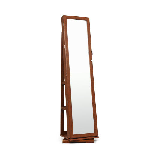 360Â° Rotatable 2-in-1 Lockable Jewelry Cabinet with Full-Length Mirror-Brown