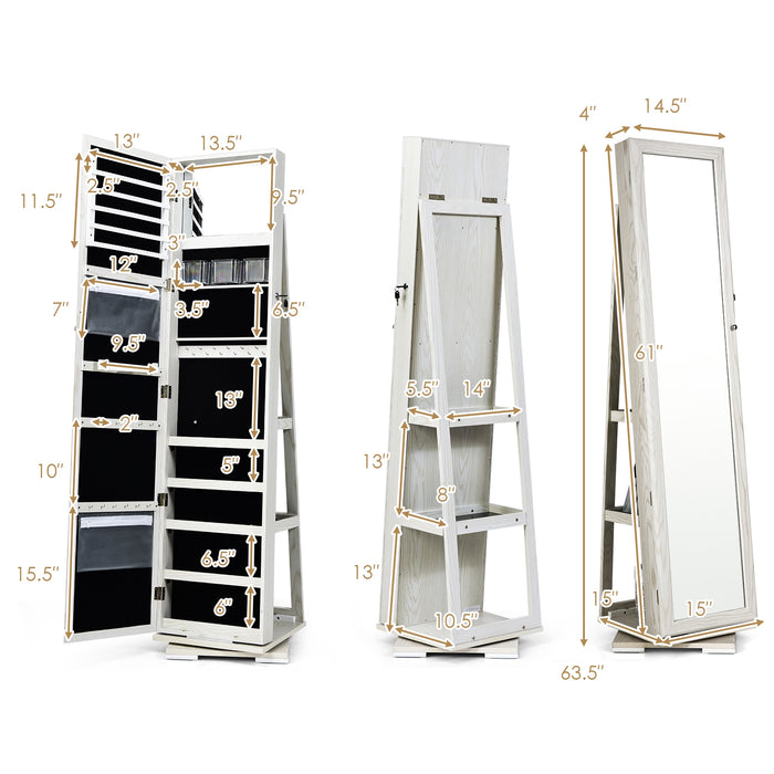 360Â° Rotatable 2-in-1 Lockable Jewelry Cabinet with Full-Length Mirror-White