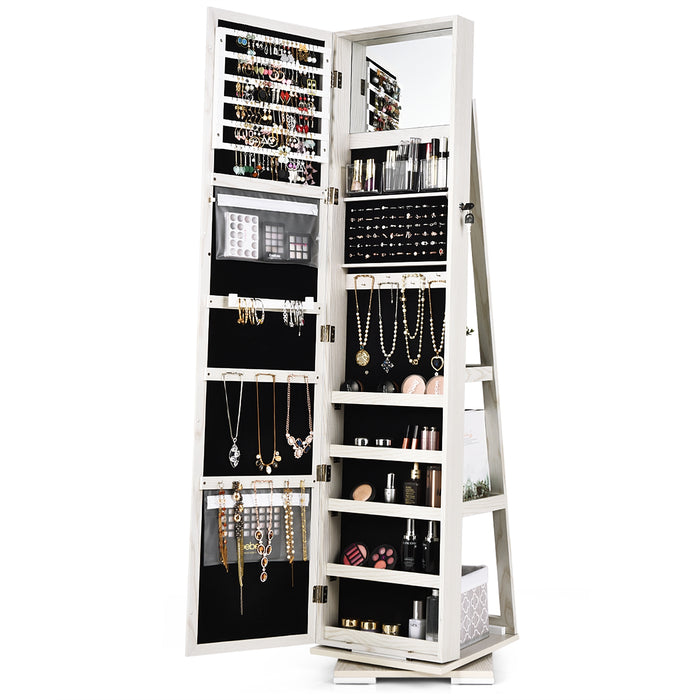 360Â° Rotatable 2-in-1 Lockable Jewelry Cabinet with Full-Length Mirror-White