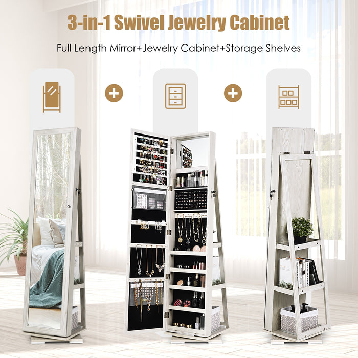 360Â° Rotatable 2-in-1 Lockable Jewelry Cabinet with Full-Length Mirror-White