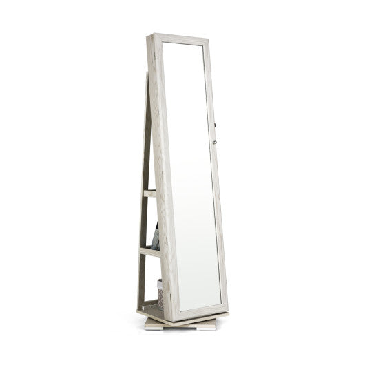 360Â° Rotatable 2-in-1 Lockable Jewelry Cabinet with Full-Length Mirror-White