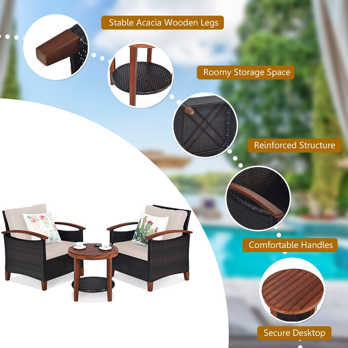 3 Pieces Patio Rattan Furniture Set with Washable Cushion and Acacia Wood Tabletop-Beige