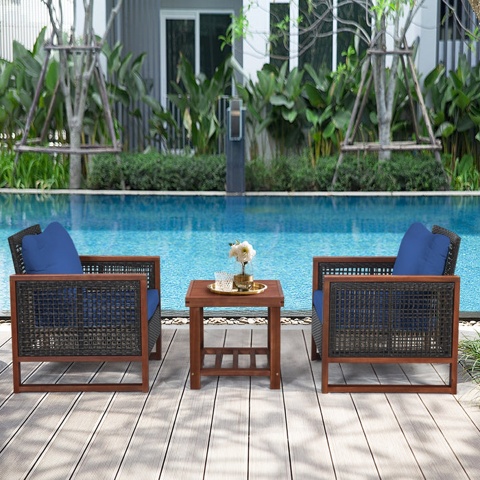 3 Pieces Patio Wicker Furniture Set with Acacia Wood Coffee Table and Washable Cushion-Navy