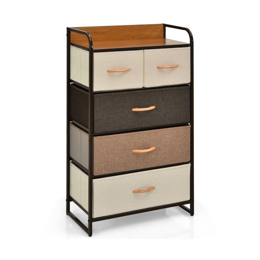 4-Tier Organizer Tower Steel Frame Wooden Top Storage with 5-Drawer Dresser