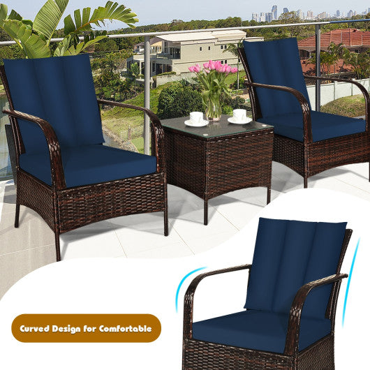 3 Pcs Patio Conversation Rattan Furniture Set with Glass Top Coffee Table and Cushions-Navy