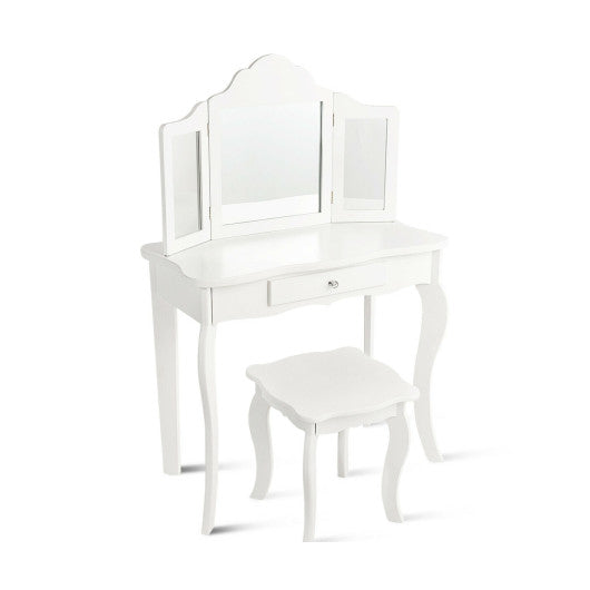 Kids Makeup Dressing Mirror Vanity Table Stool Set