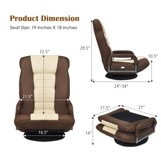 360-Degree Swivel Gaming Floor Chair with Foldable Adjustable Backrest-Brown