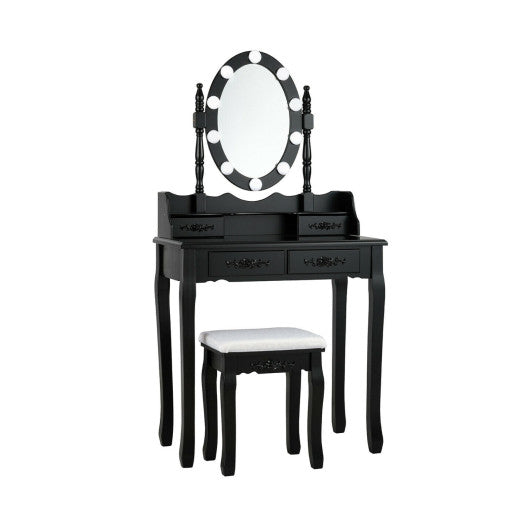 Makeup Dressing Table with Touch Switch Lighted Mirror and Cushioned Stool-Black