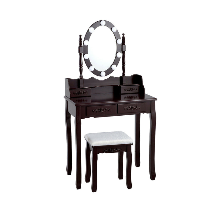 Makeup Dressing Table with Touch Switch Lighted Mirror and Cushioned Stool-Brown