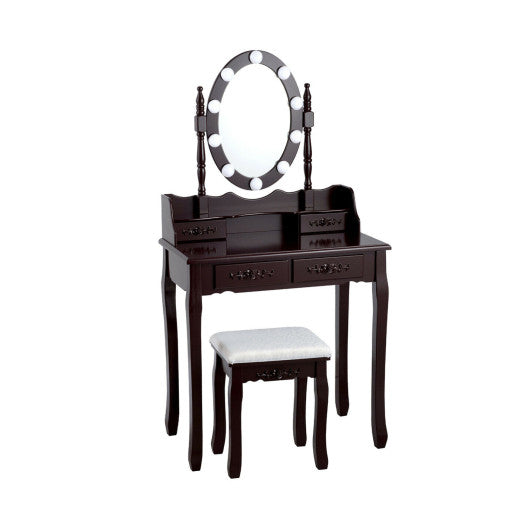 Makeup Dressing Table with Touch Switch Lighted Mirror and Cushioned Stool-Brown